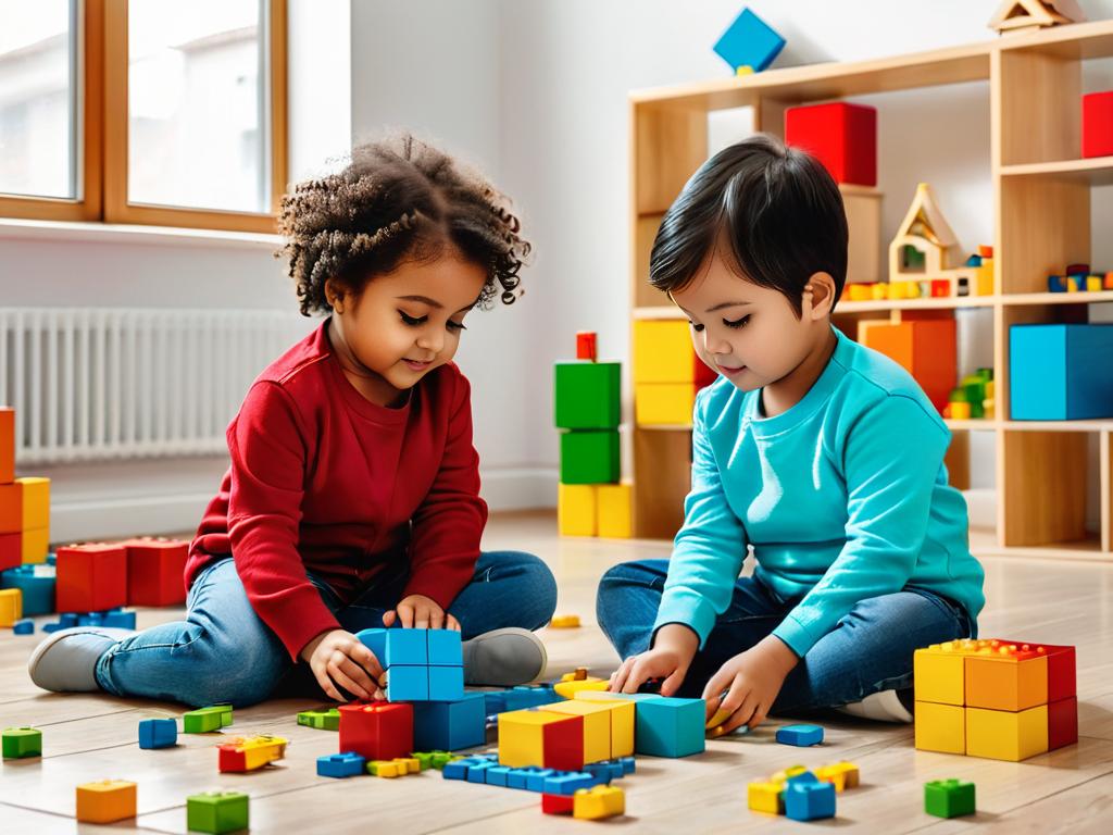 На картинке двое детей сидят на полу с разбросанными кубиками, сообща решая логическую задачу