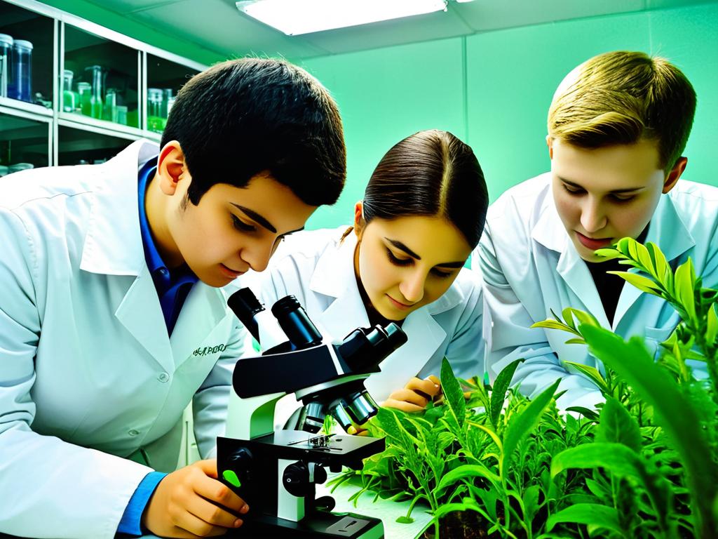 Студенты в лаборатории биологии изучают растения под микроскопом. Иллюстрирует аграрную