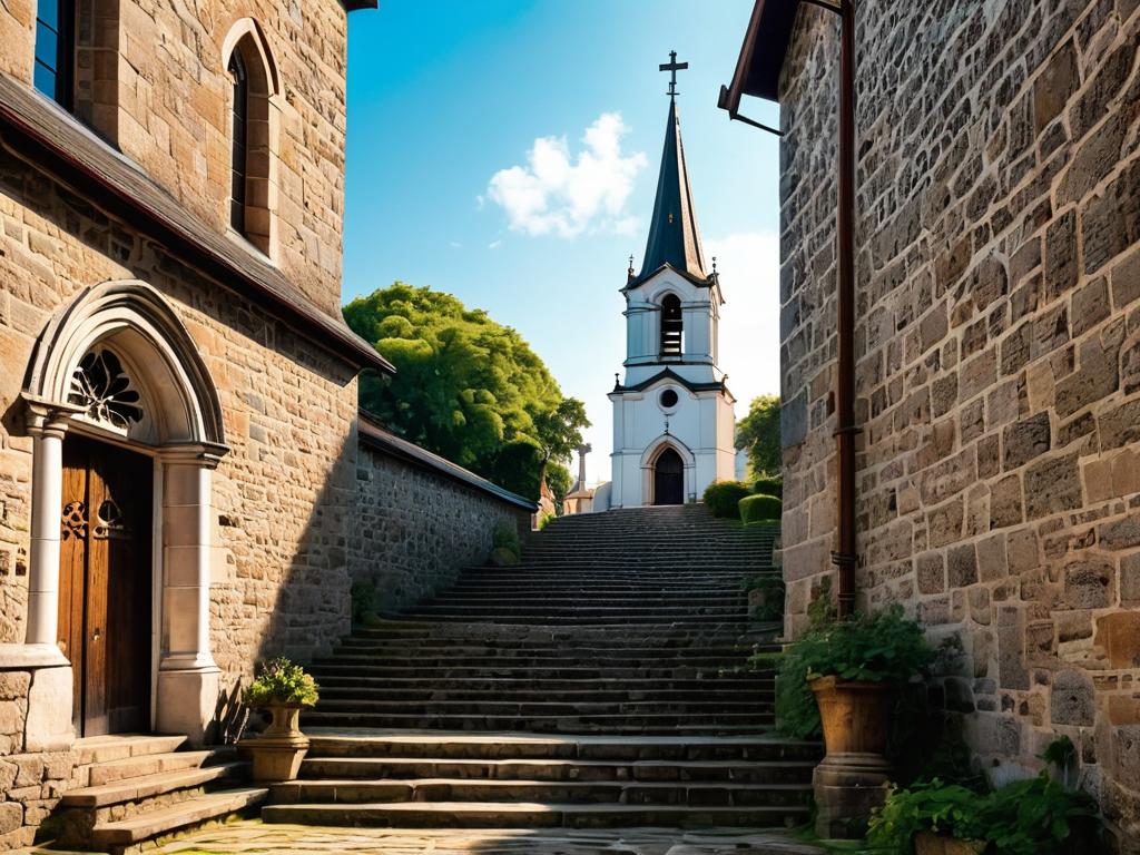 Красивая старая церковь с крестом наверху колокольни и лестницей, ведущей ко входу, описание