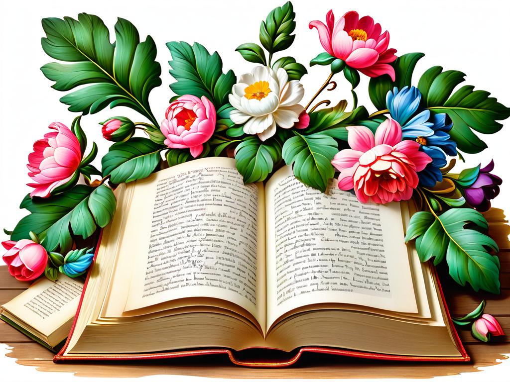 Виньетка в стиле рококо с цветами и листьями как элемент оформления книги. Описание по-русски.