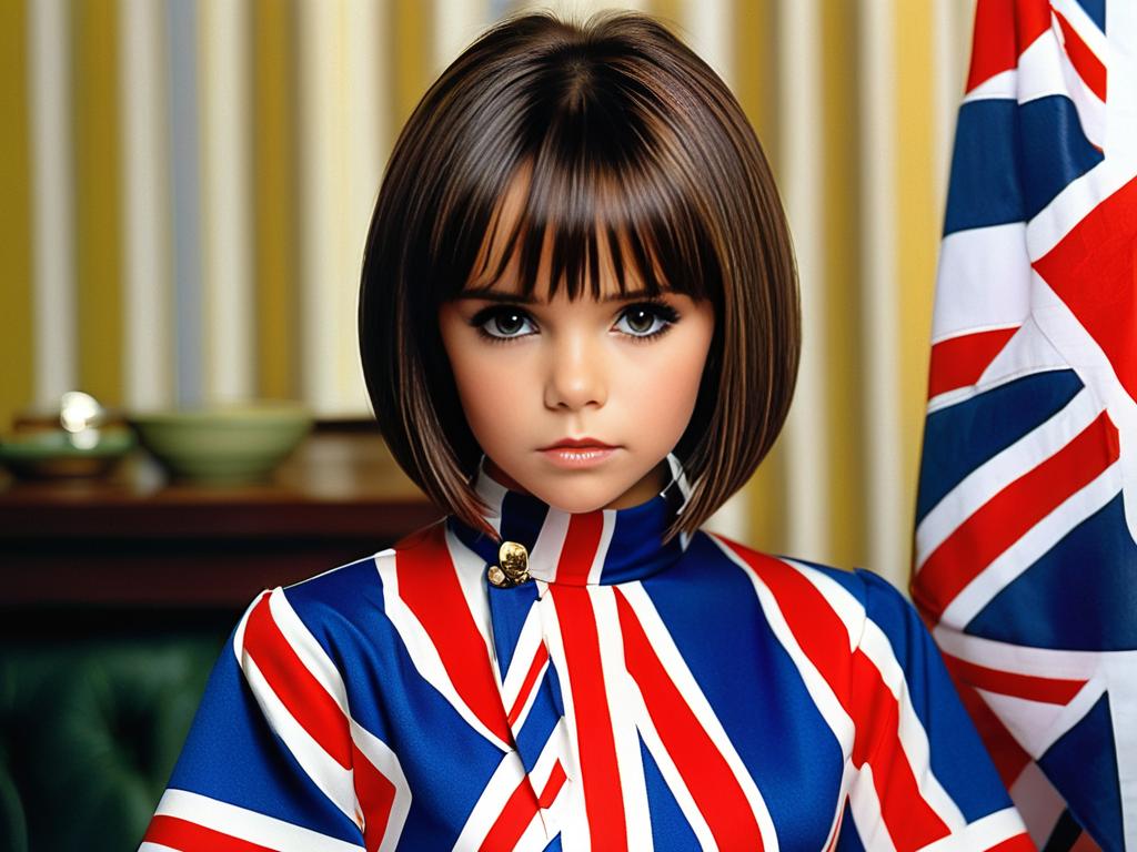 Молодая Виктория Бекхэм со стрижкой боб и челкой в платье с флагом Великобритании