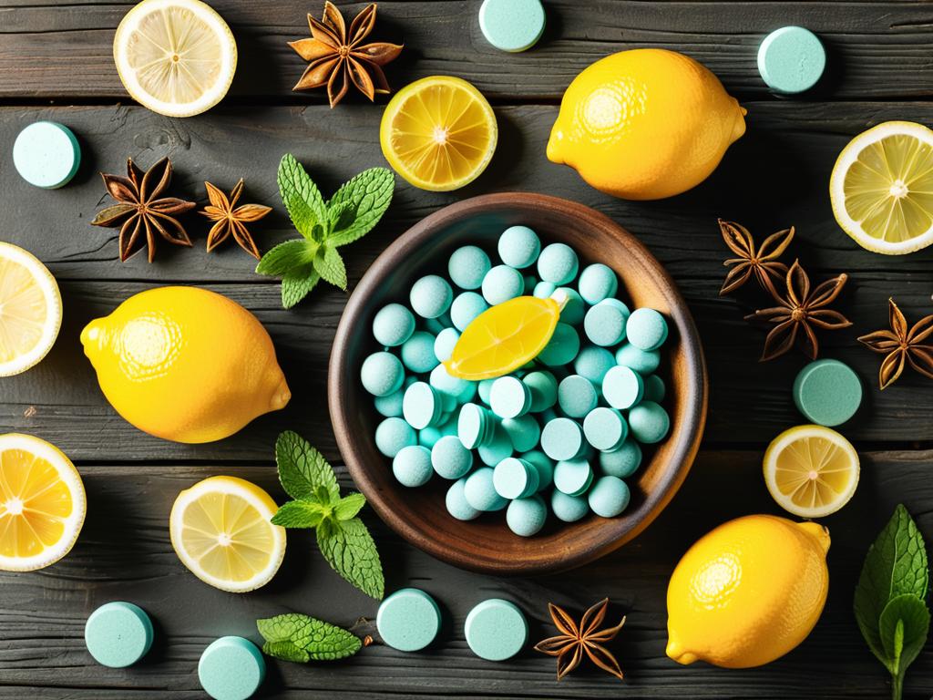 Фотография таблеток Витрума на деревянном фоне с лимонами, мятой и куркумой