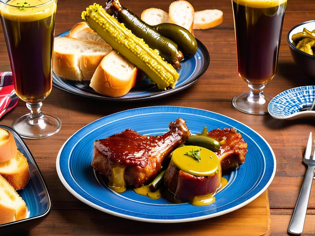 Приготовленные свиные колени поданные на тарелках с горчицей, маринованными огурцами и хлебом