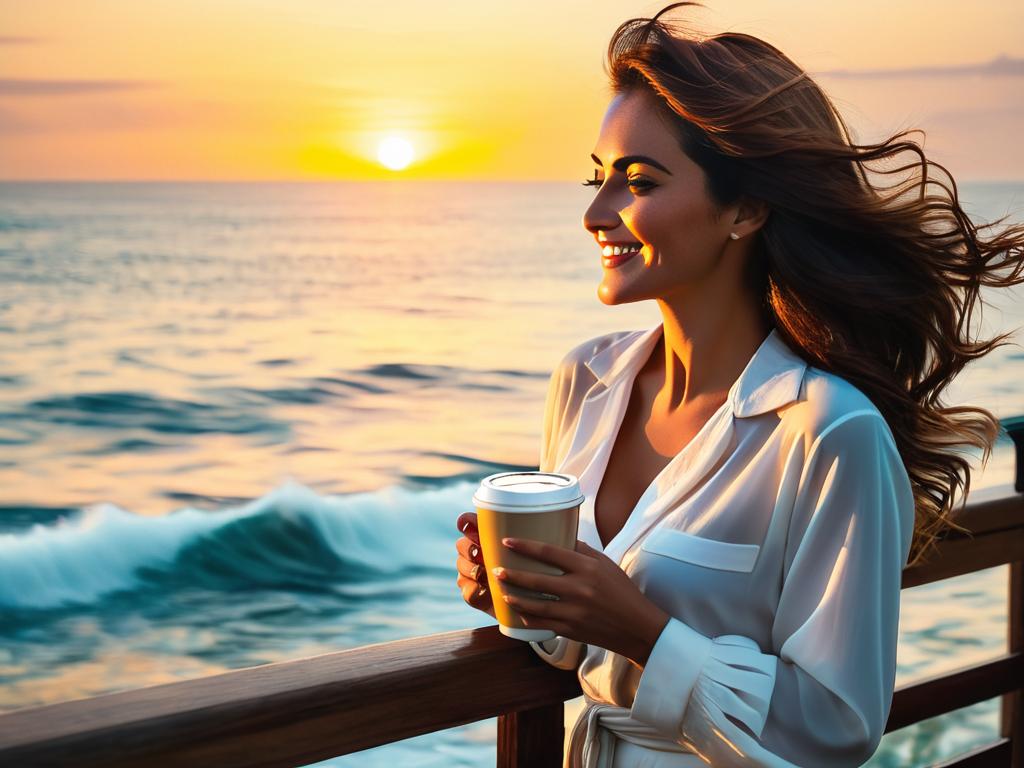 Женщина смотрит на море, держа чашку кофе, и чувствует прилив бодрости