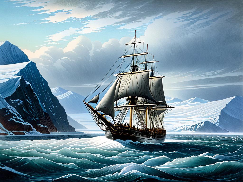 Гравюра 19 века, изображающая корабль Беринга во время Первой Камчатской экспедиции, плывущий вдоль
