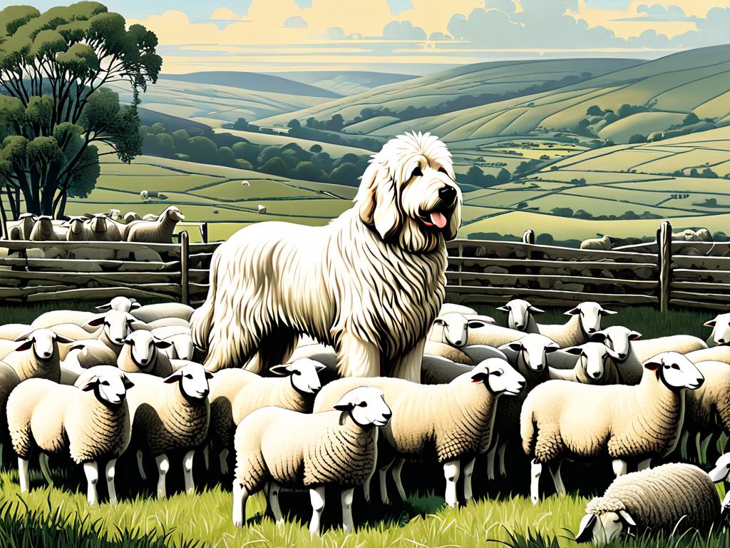 Старая иллюстрация венгерской овчарки комондора, охраняющего отару овец