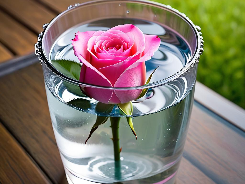 Розовый бутон розы в стакане с водой. Описание фотографии иллюстрирующей раздел о правильной