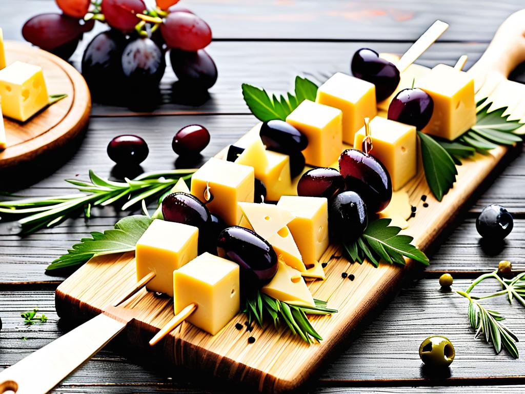 Шпажки с кубиками сыра, виноградом и оливками на деревянной доске с зеленью.