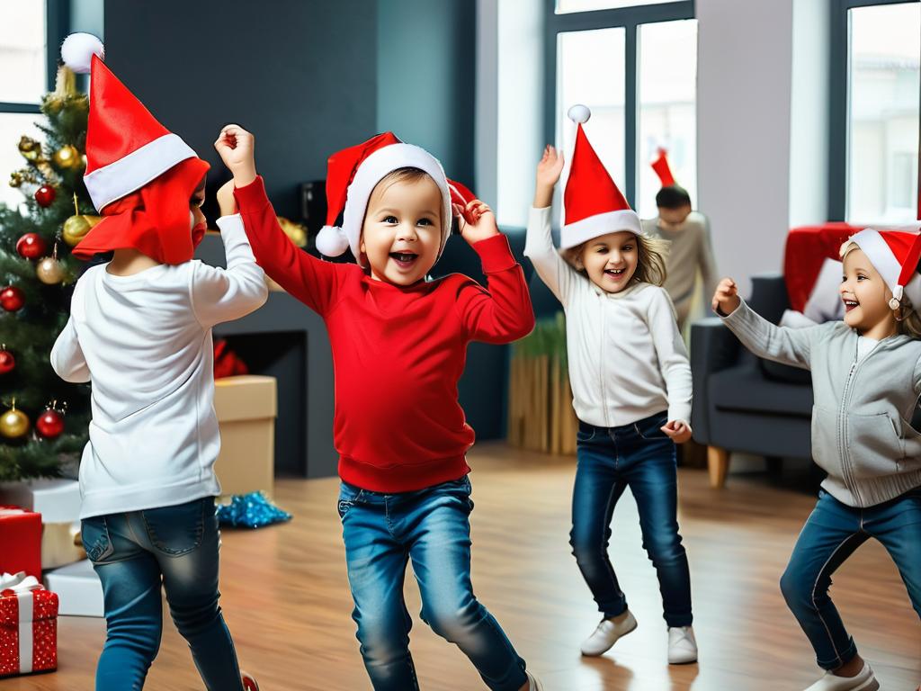 Дети в новогодних колпаках танцуют и веселятся на празднике