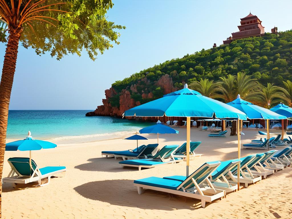 Песчаный пляж возле отеля Delphin Deluxe Resort 5* с шезлонгами и зонтиками