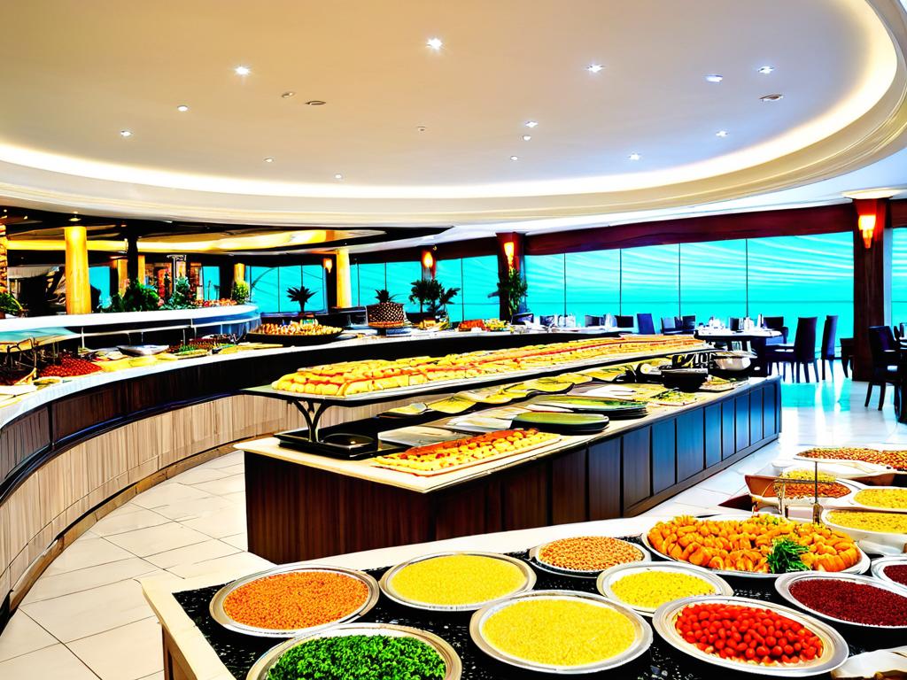 Интерьер одного из ресторанов отеля Delphin Deluxe Resort 5* в Турции с разнообразным шведским