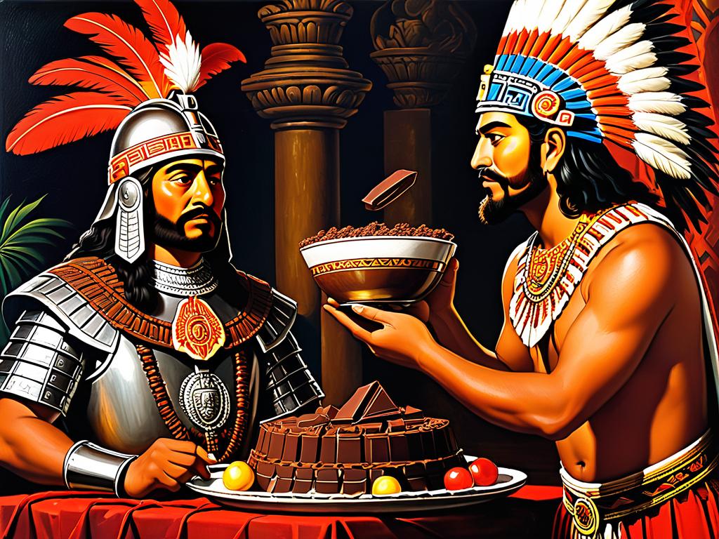 Картина, изображающая императора ацтеков Монтесуму, угощающего испанского конкистадора Эрнана