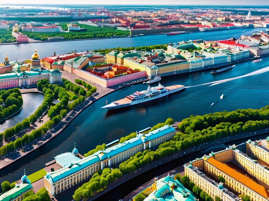 Панорамный вид на основные достопримечательности Санкт-Петербурга с высоты птичьего полета