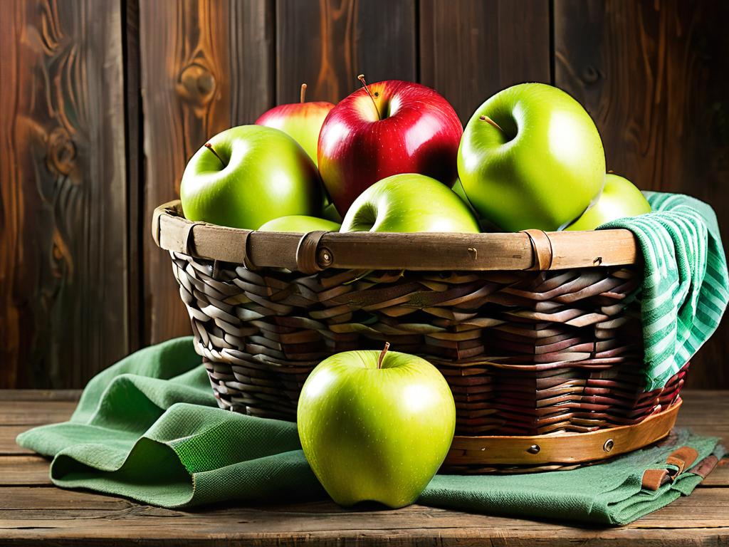 Красные и зеленые яблоки в деревянной корзине на фоне старой деревянной поверхности