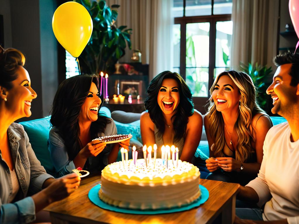 Компания друзей празднует день рождения девушки в гостиной веселятся