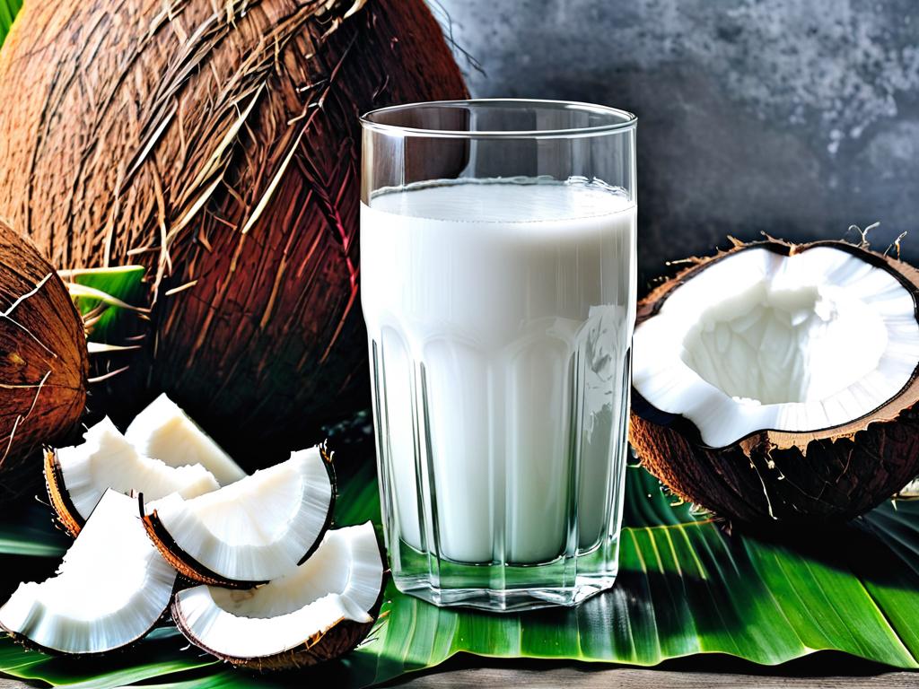 Ломтики кокосовой мякоти и кокосовая вода в стакане