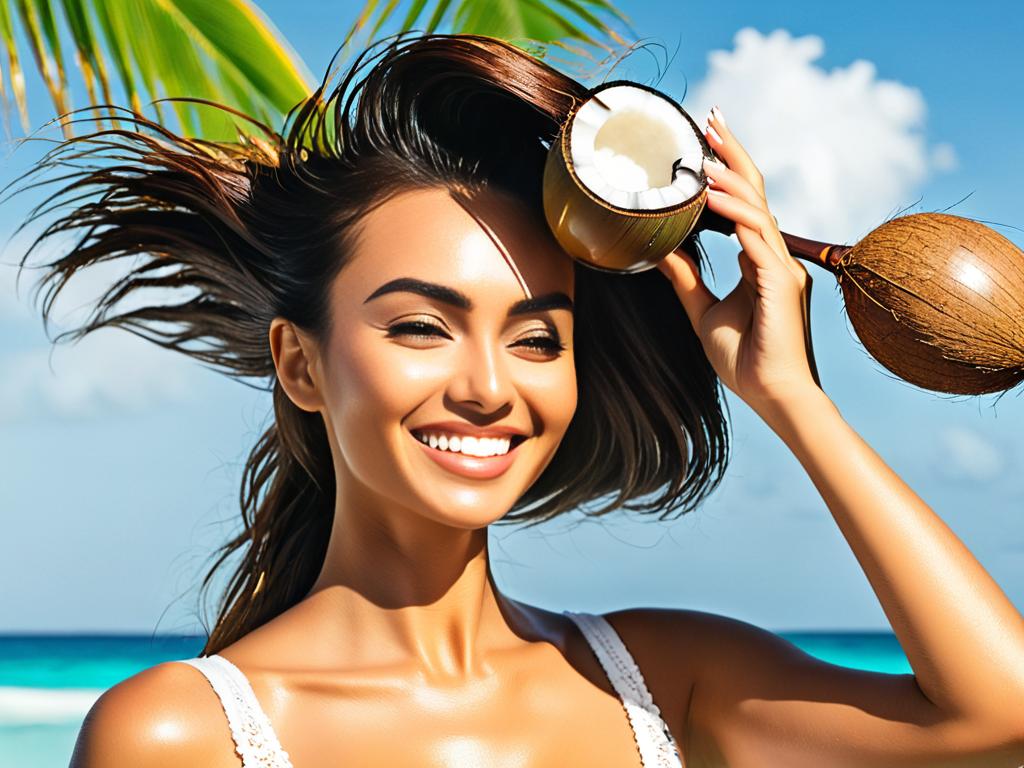 Женщина наносит кокосовое масло на волосы