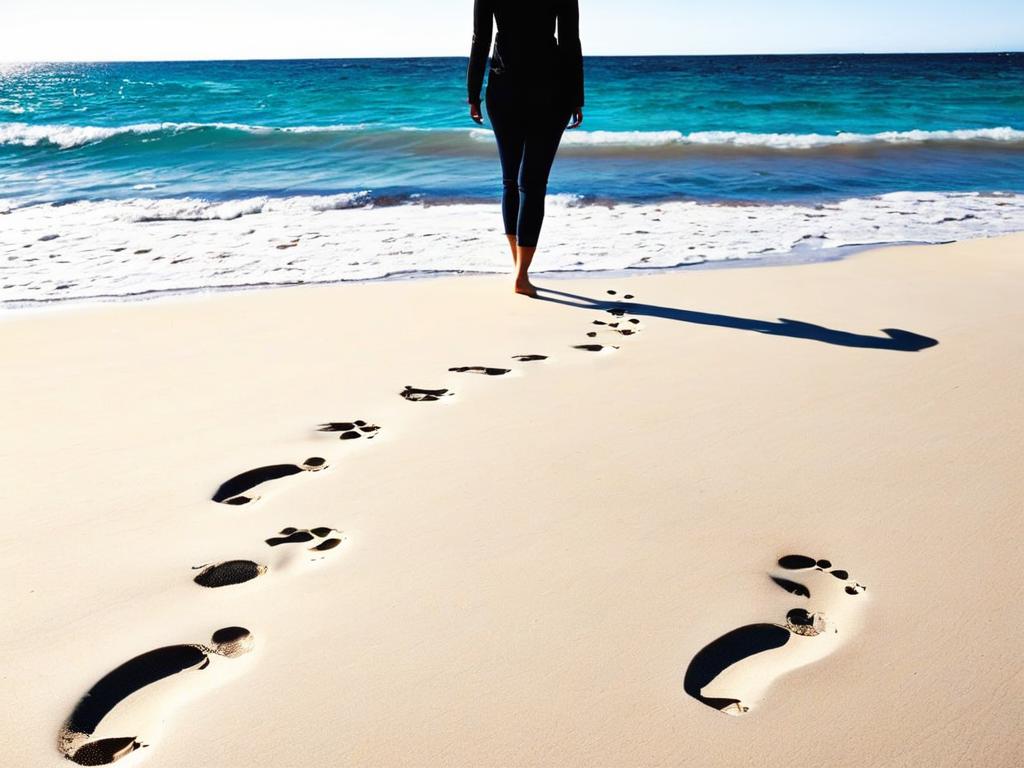 Женщина смотрит на следы на пляже, размышляя о жизненном пути