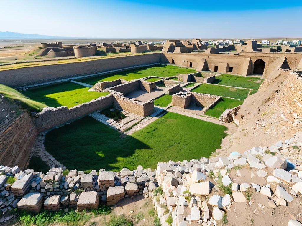 Руины древнего города Сауран в Казахстане с остатками строений, улиц и крепостных стен