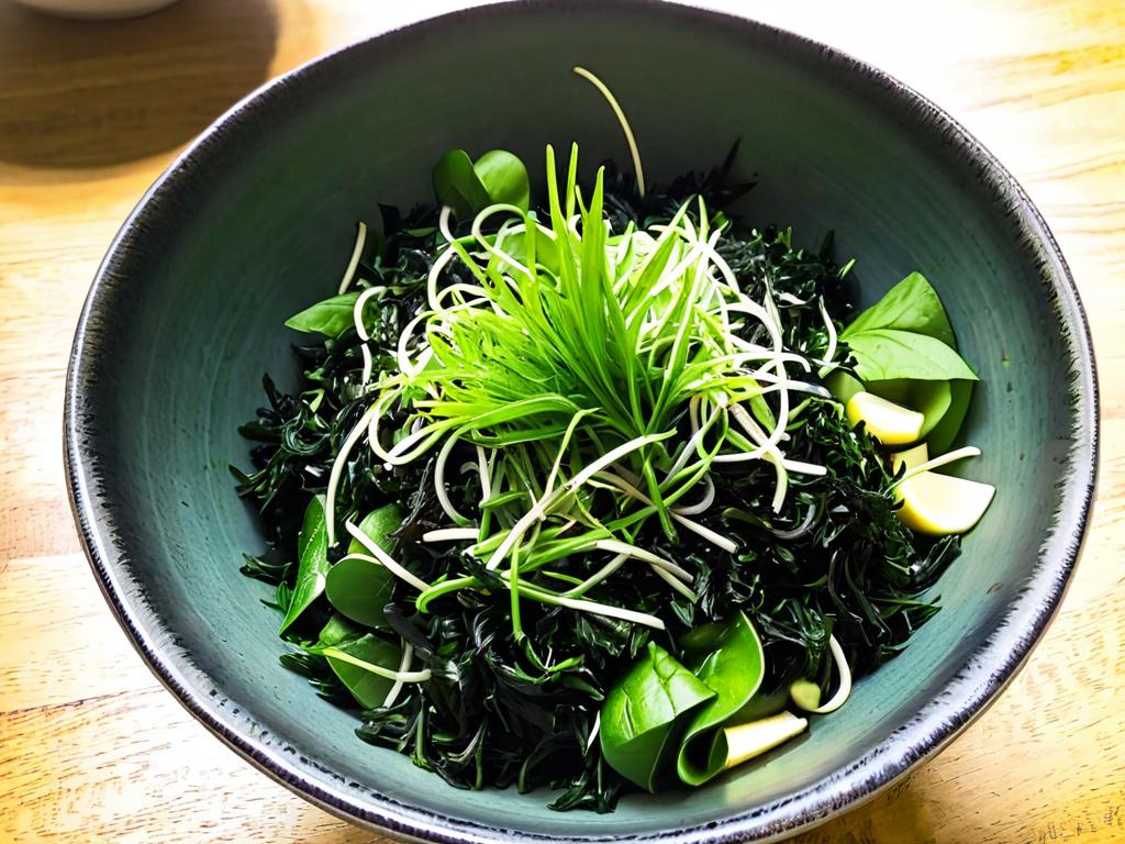 Миска с салатом со лентами водорослей чука