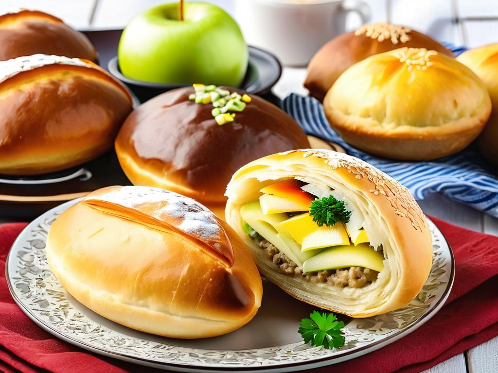 Разнообразные домашние пирожки с начинками - картошка, капуста, мясо, яблоко - выложенные на тарелке