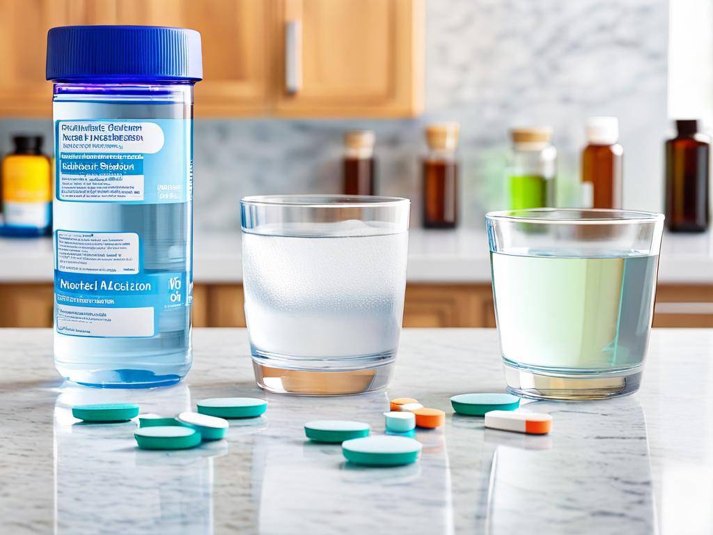 Несколько лекарств от тошноты выставлены на столе вместе со стаканом воды
