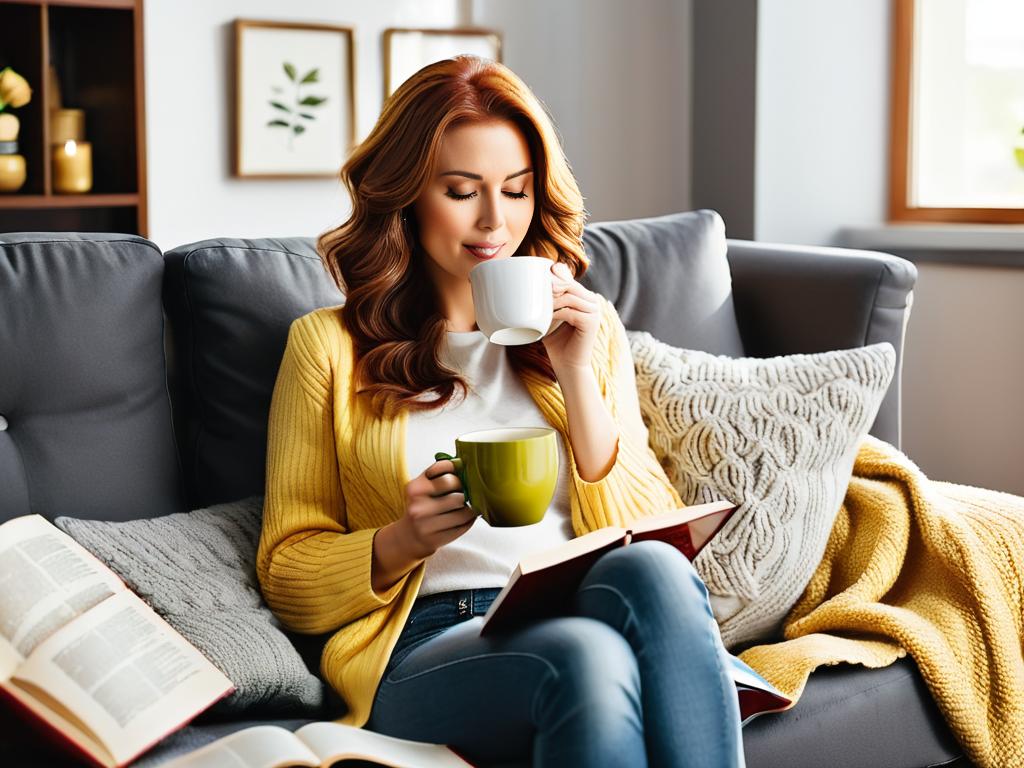 Женщина сидит на диване дома, пьет имбирный чай и читает книгу, чтобы отвлечься от тошноты