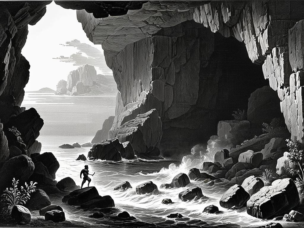 Гравюра 19 века, изображающая побег Одиссея из пещеры Полифема
