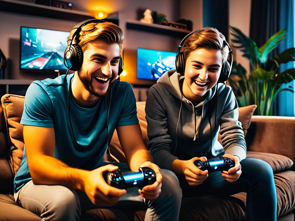 Двое молодых людей вместе играют в видеоигру на диване, обсуждая игровой процесс - это