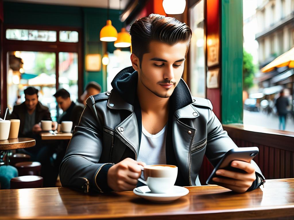 На фото красивые молодые метросексуалы в кафе пьют кофе и смотрят в свои телефоны. Более 5 слов