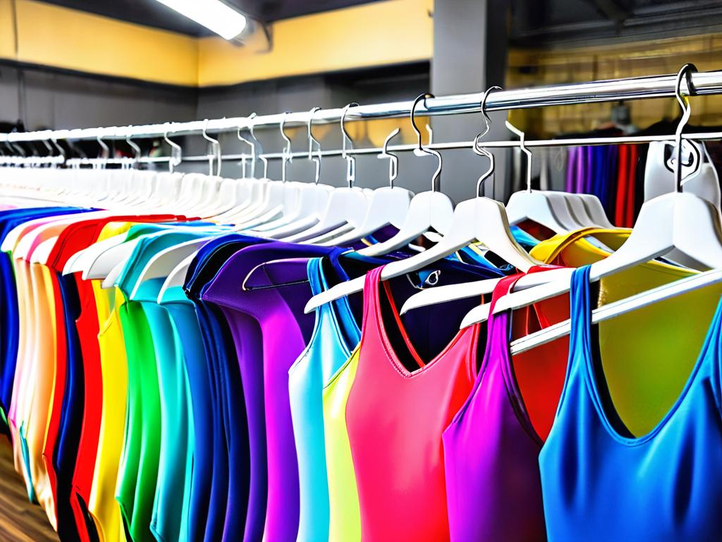 Ассортимент разноцветных гимнастических купальников на вешалках в магазине одежды