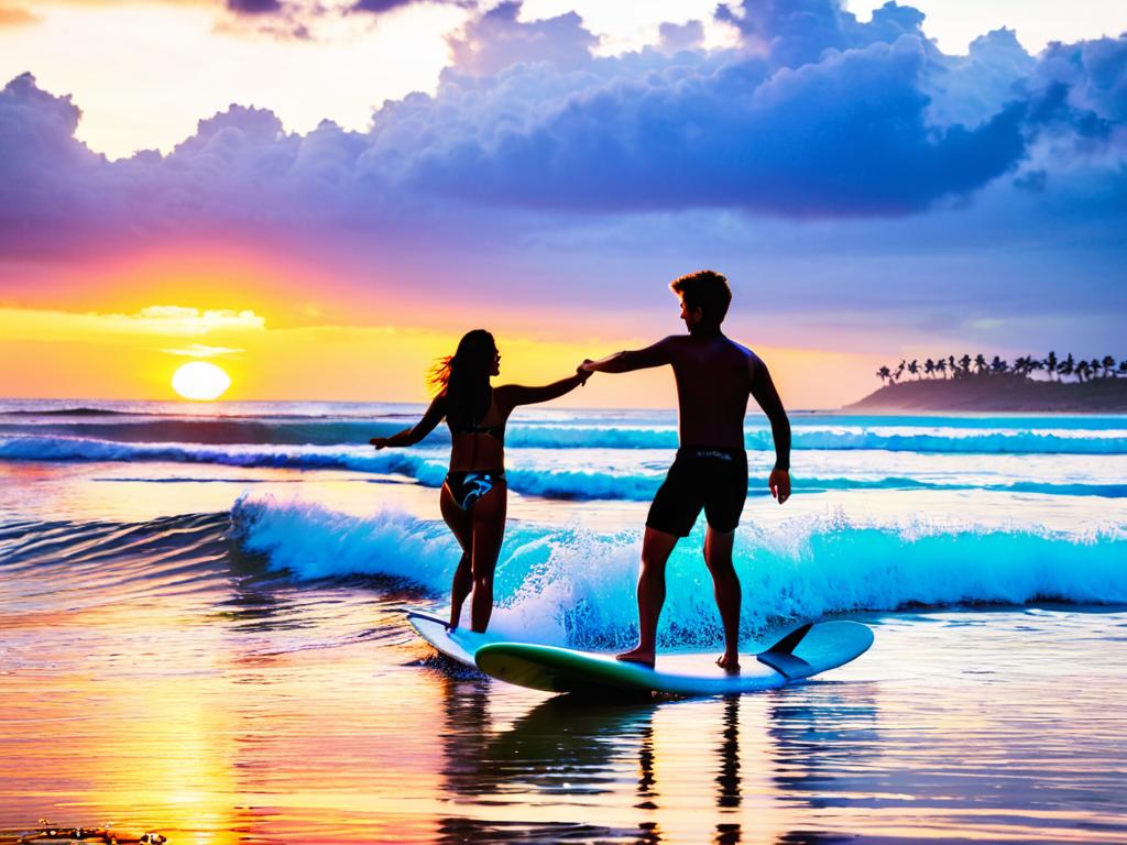 Счастливые молодые туристы катаются на серфе в закат на пляже Куты