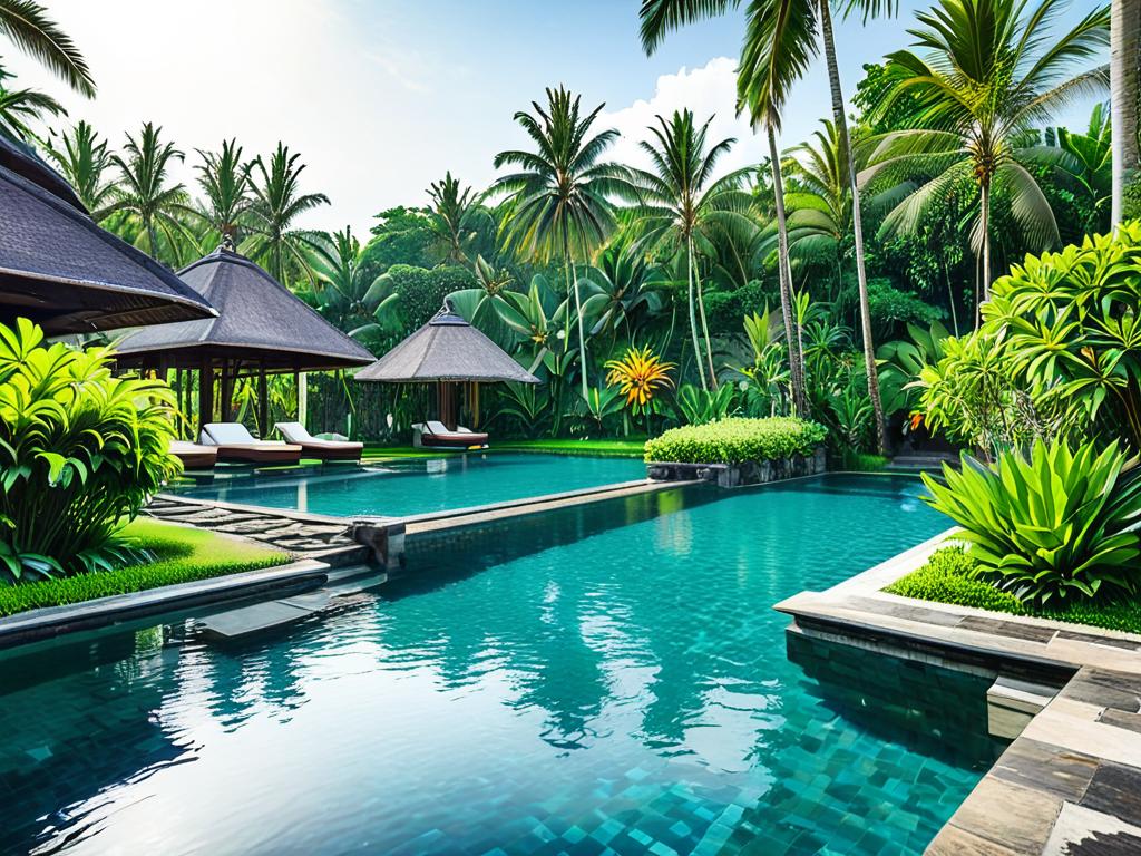Бассейн роскошного курорта среди пальм в тропическом саду на Бали