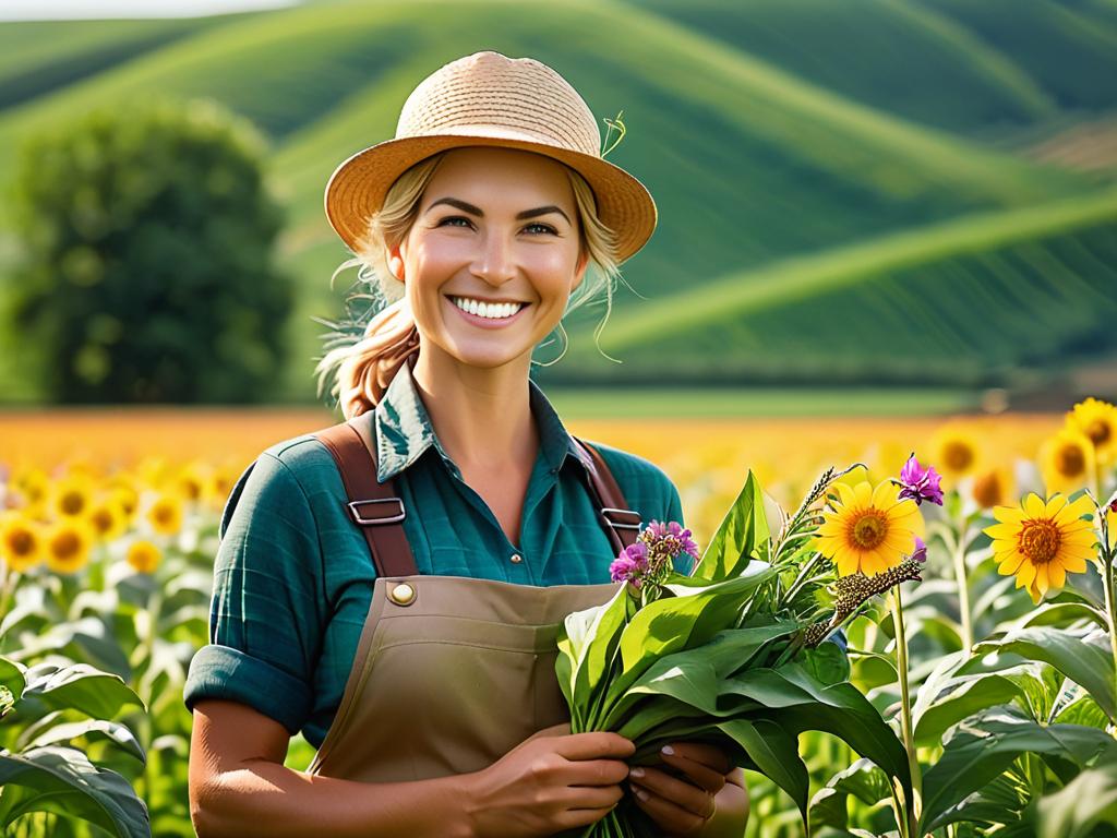 Портрет улыбающейся фермерши на фоне поля с выращенными ею цветами и овощами