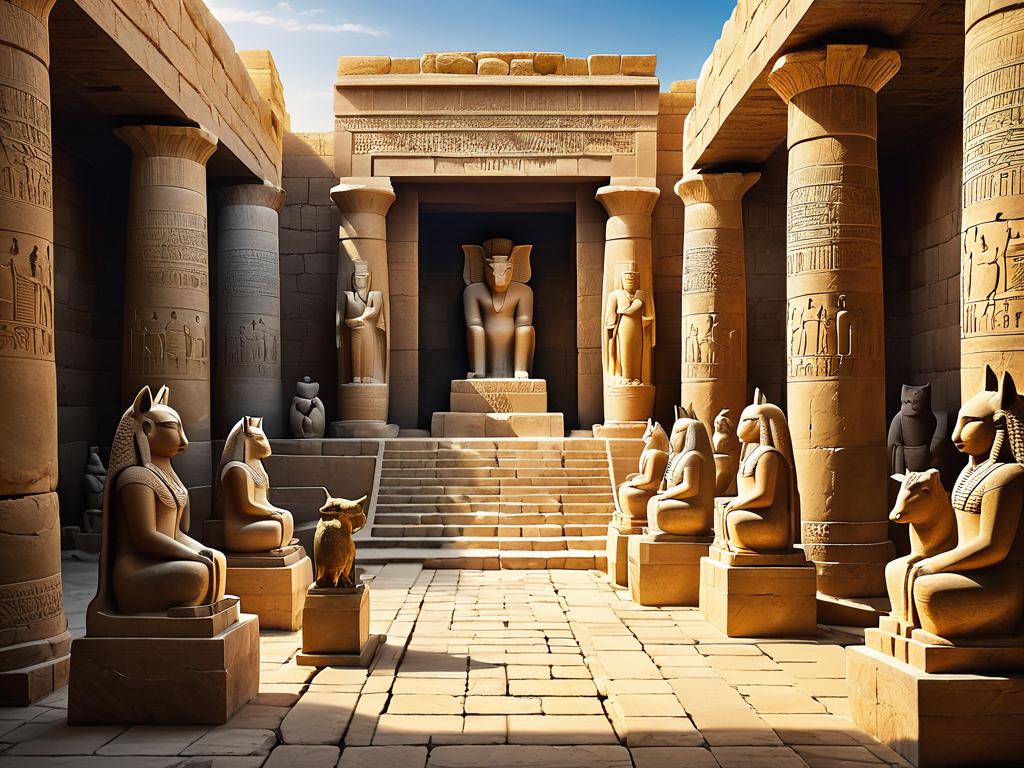 Древний месопотамский храм с огромными статуями богов. Люди приносят им дары.