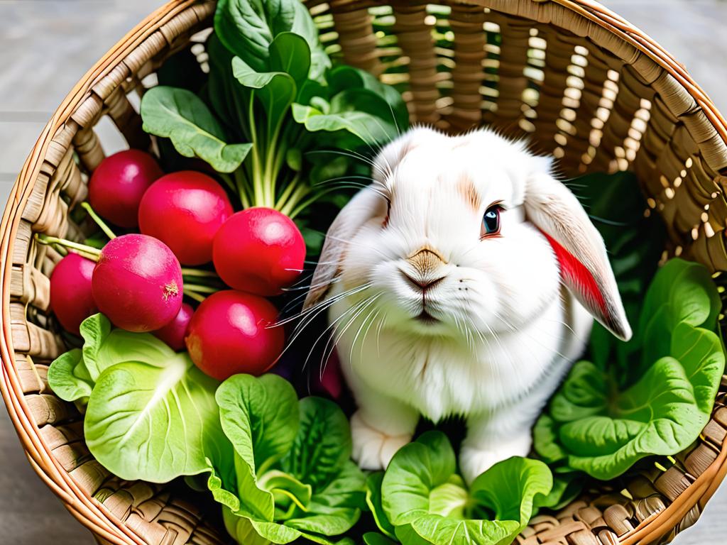 Миниатюрный карликовый кролик сидит в корзинке с салатом и редиской