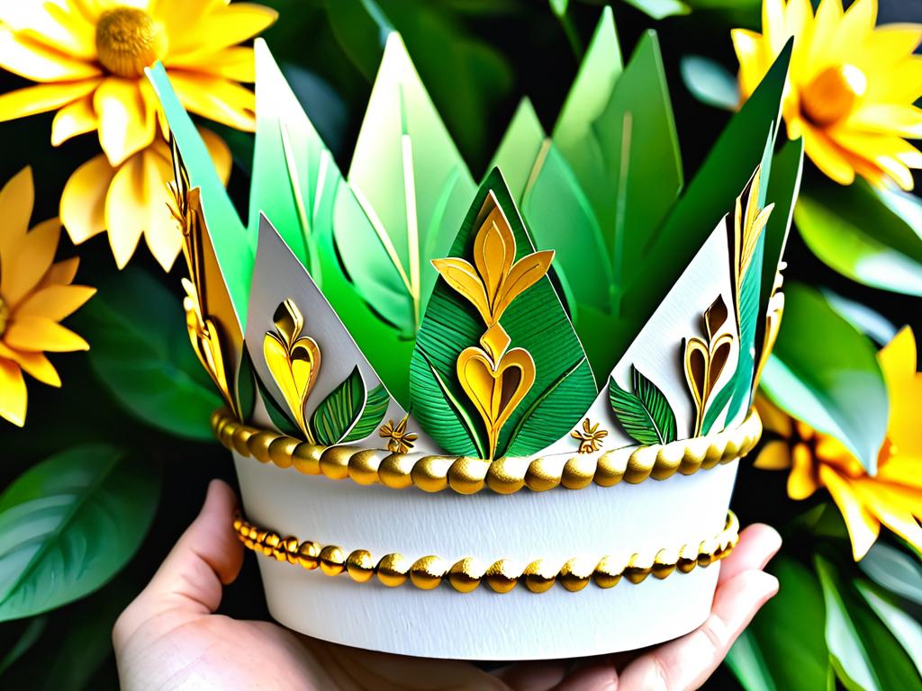 Фотография удивительной короны, сделанной из бумажного стаканчика для рассады и украшенной золотой