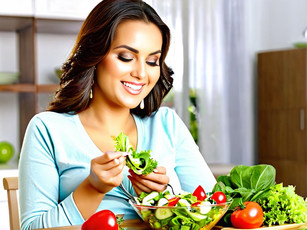 Женщина ест овощной салат во время беременности