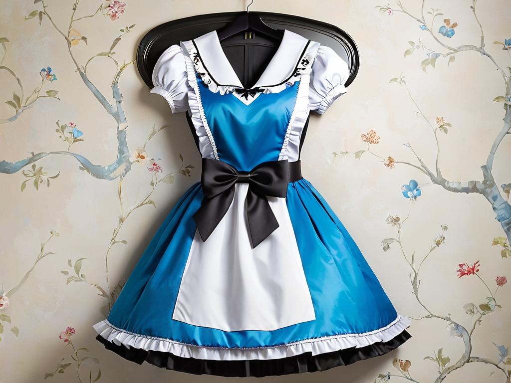 Костюм Алисы висит на стене - голубое платье, белый передник, черный бант