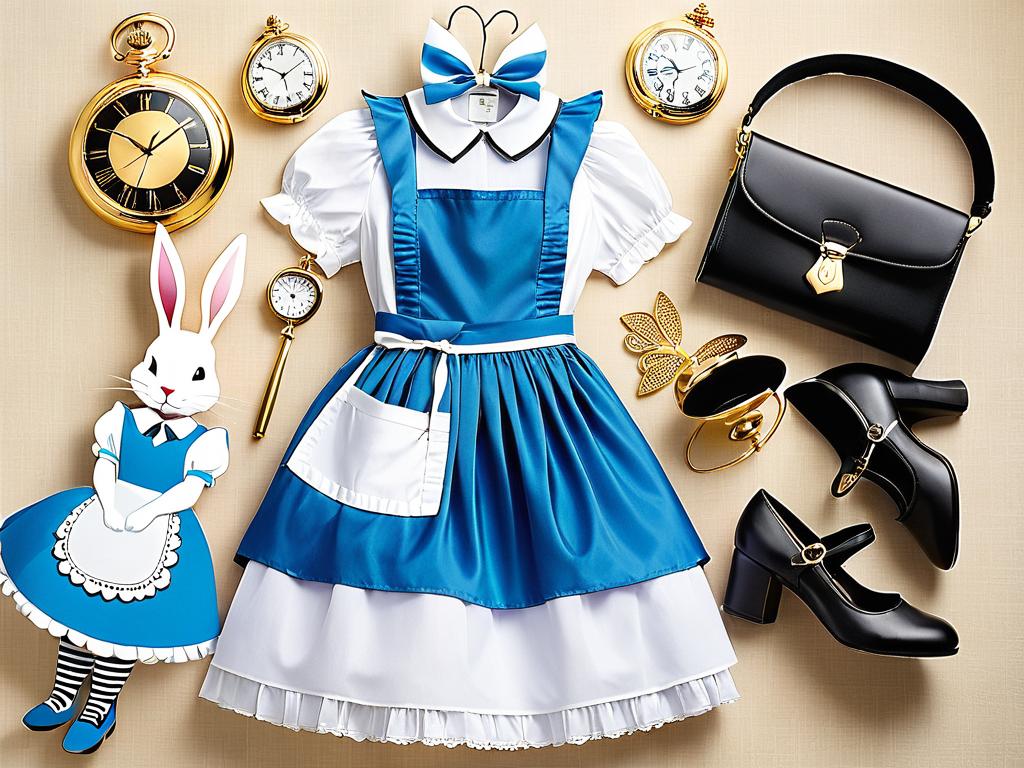 Аксессуары для костюма Алисы - платье, передник, бант, карманные часы, ушки