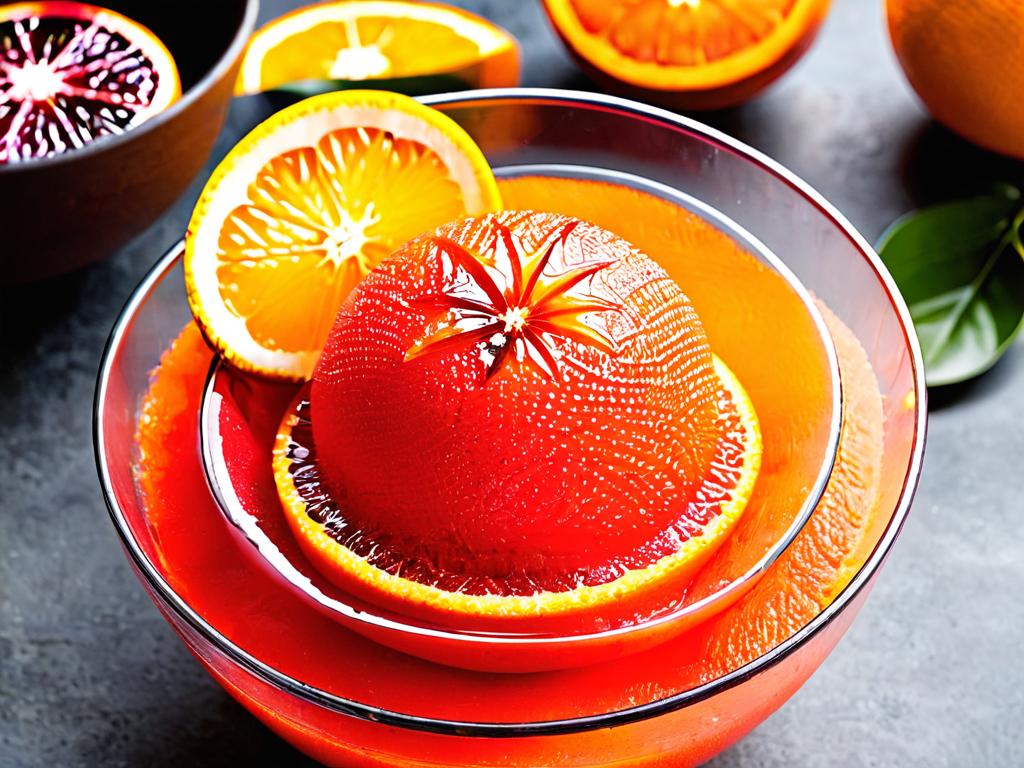 Сорбет из кровавых апельсинов в стеклянной миске для десерта, гарнированный дольками апельсина