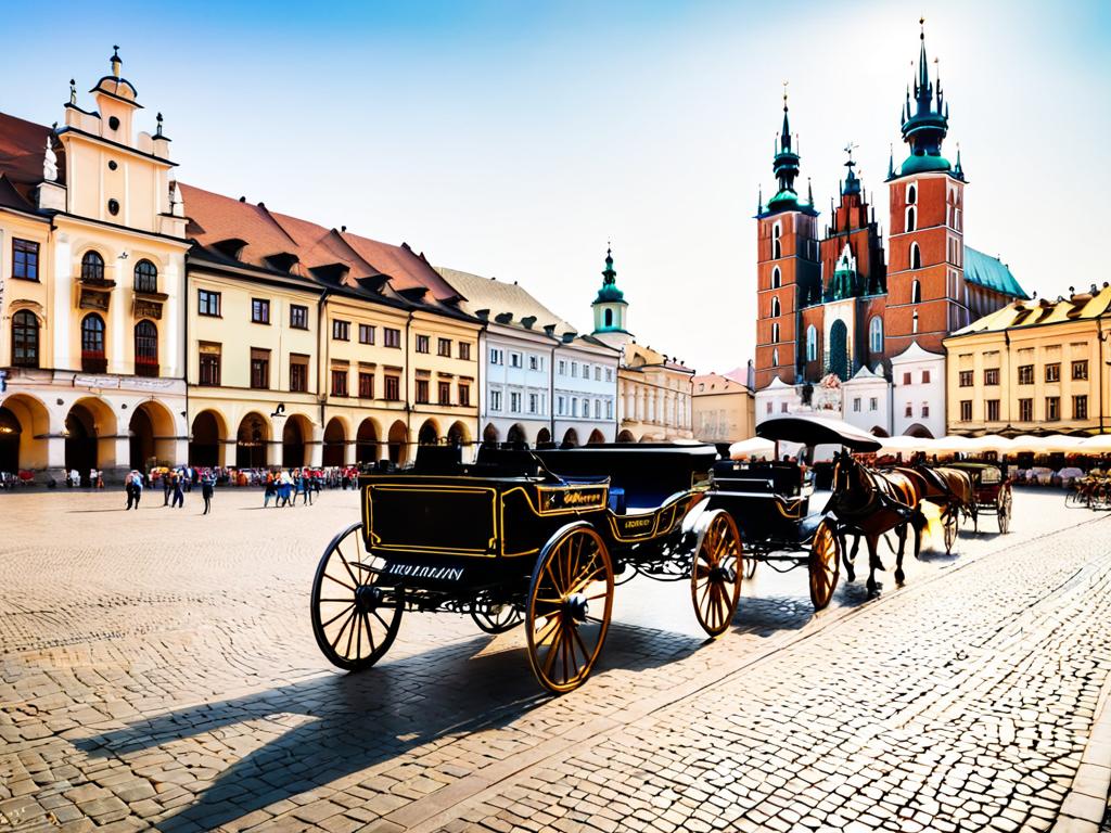 Красивый вид на Главную площадь в Старом городе Кракова с традиционной архитектурой, конными
