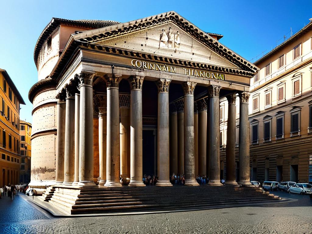 Пантеон в Риме с коринфскими колоннами вдоль портика.