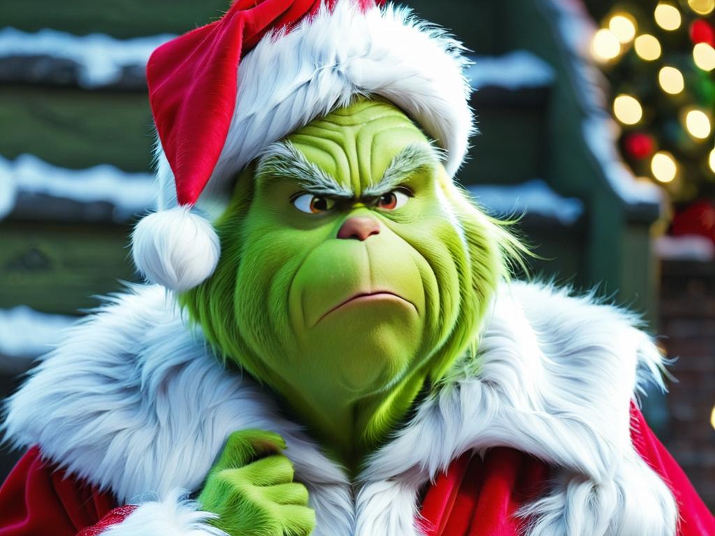Смешной кадр из комедии Гринч в костюме Санта-Клауса
