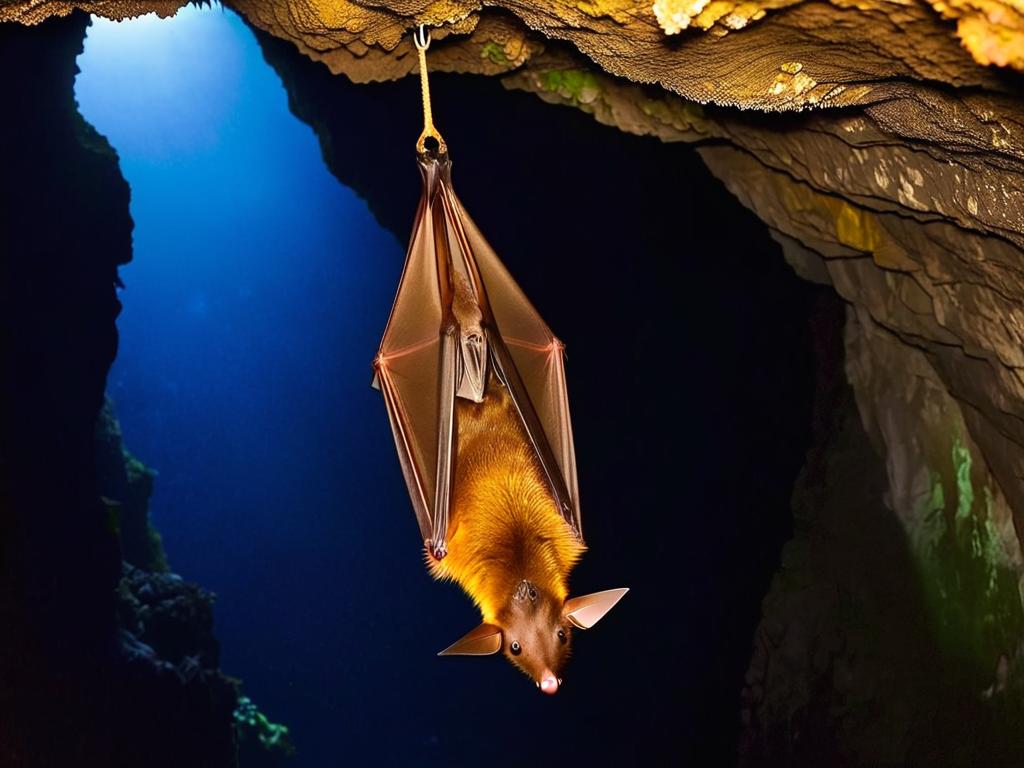 Эндемик Коморских островов - рыжий летучий лис висит вниз головой в пещере на острове Анжуан