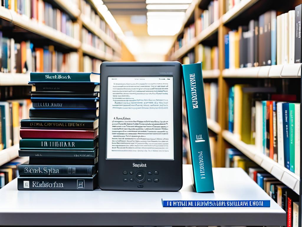 Стопки бумажных книг на полках по сравнению с цифровой библиотекой на экране электронной книги.