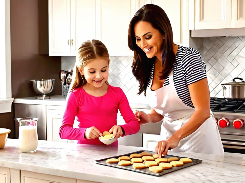 Мама и дочь вместе пекут печенье в форме сердец на кухне