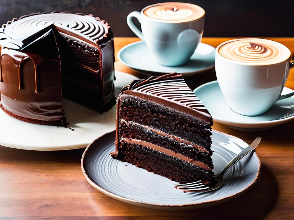 Большой круглый шоколадный кекс с шоколадной глазурью, рядом чашка кофе
