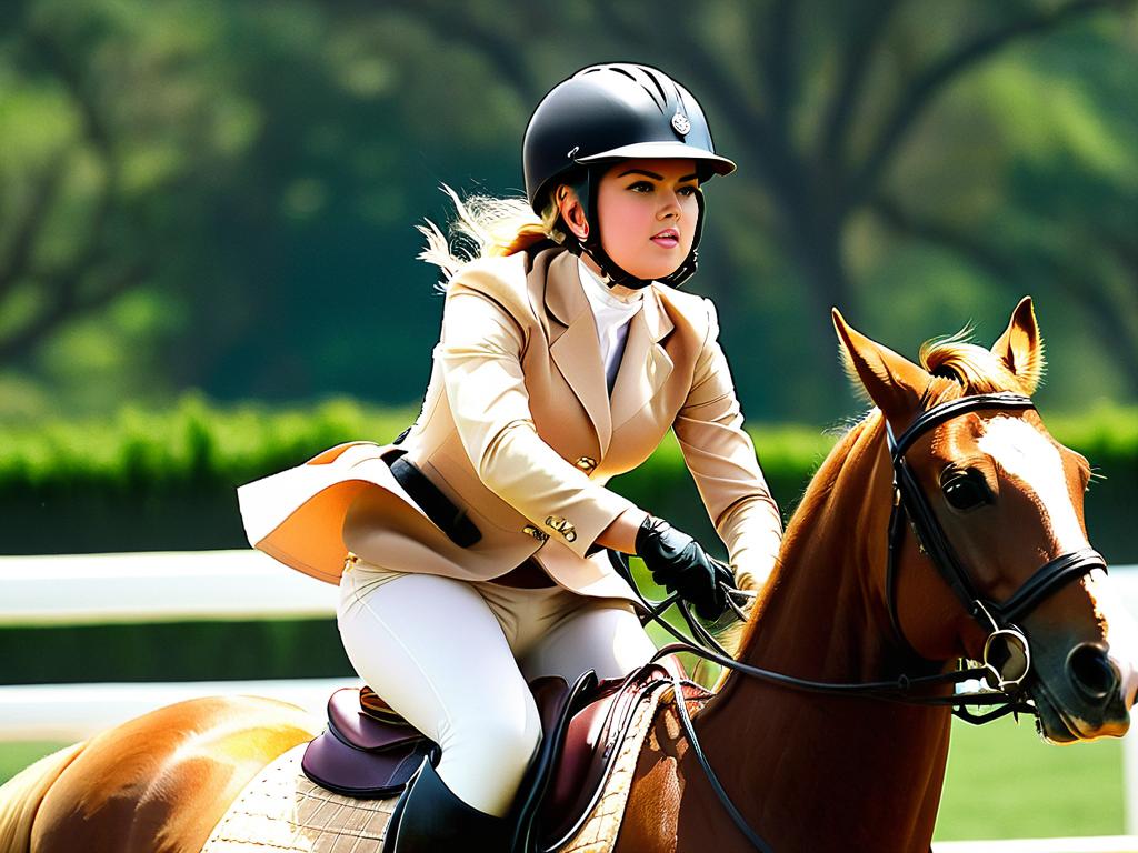 Юная Кейт Аптон едет верхом на лошади и участвует в конном соревновании. Она сосредоточена и в