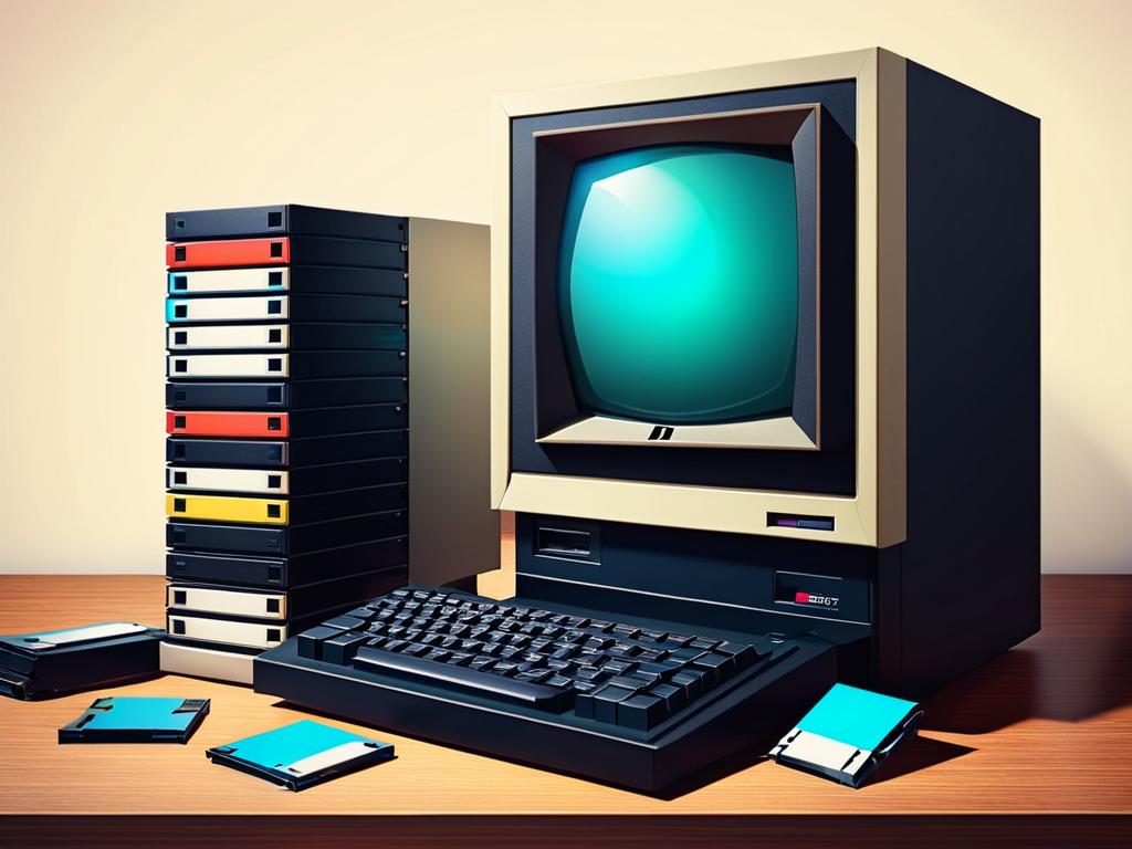Иллюстрация винтажного компьютера с дискетами